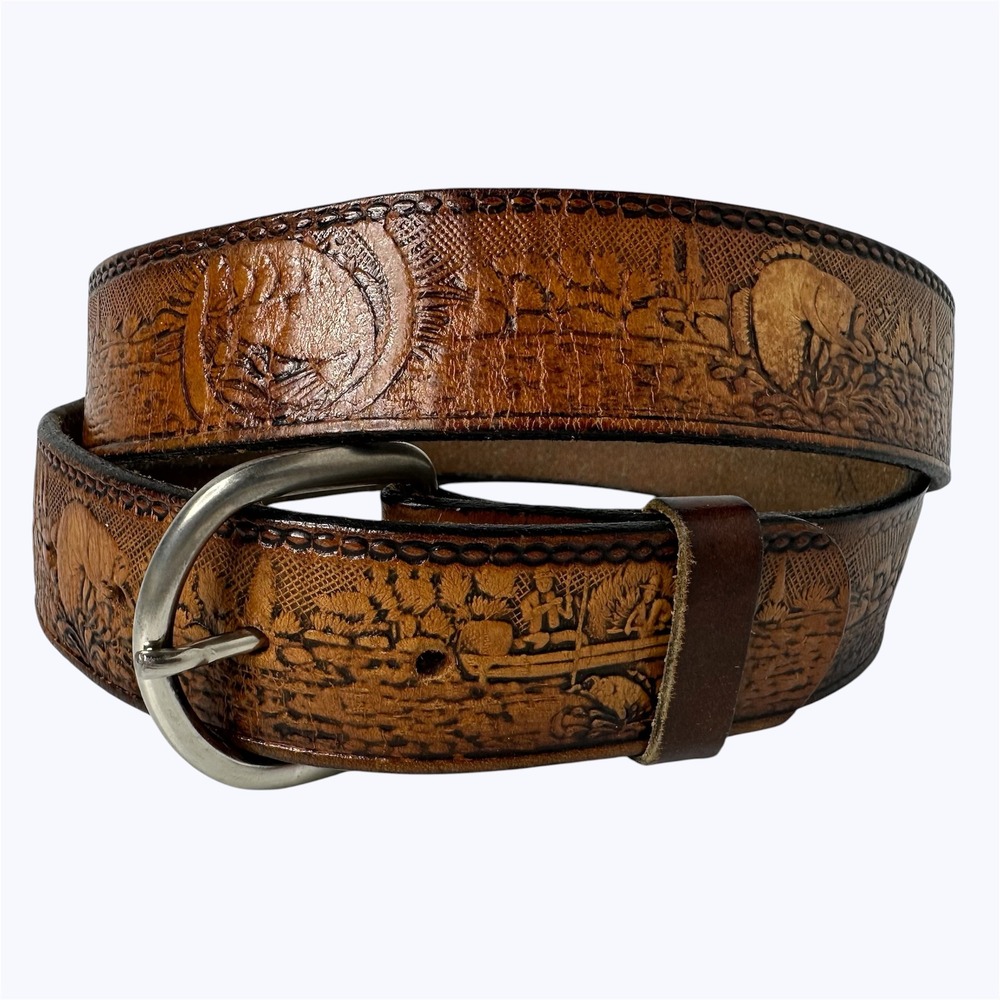 Vintage Tooled Leather Wildlife Fishing Bass Scene Belt Cowboy Western Size 42?